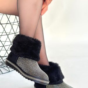 Linka Siyah Süet Gümüş Boncuk İşlemeli Bot