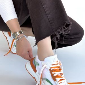 Aleh Beyaz Cilt Turuncu Detaylı Çift Bağcıklı Spor Ayakkabı