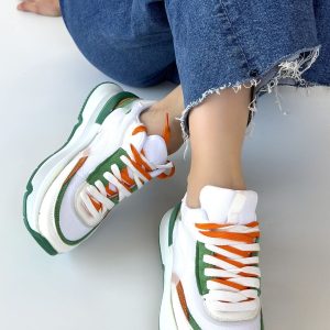 Aleh Beyaz Cilt Yeşil Detaylı Çift Bağcıklı Spor Ayakkabı