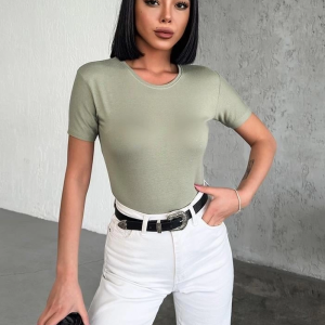 Rahat Ve Şık Kısa Kollu Bisiklet Yaka Likralı Viskon Penye Body Haki