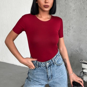 Rahat Ve Şık Kısa Kollu Bisiklet Yaka Likralı Viskon Penye Body Bordo