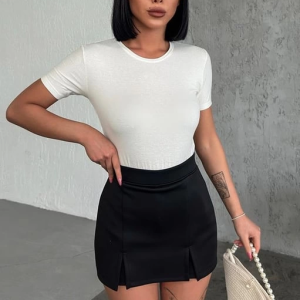 Rahat Ve Şık Kısa Kollu Bisiklet Yaka Likralı Viskon Penye Body Ekru