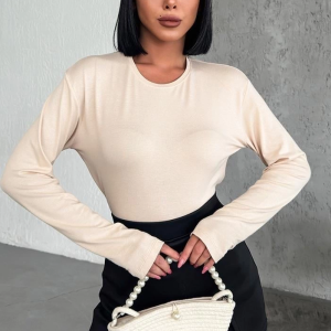 Rahat Ve Şık Uzun Kollu Bisiklet Yaka Likralı Viskon Penye Body Bej