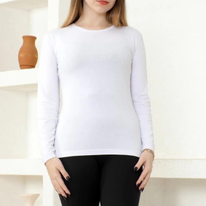 Rahat Ve Şık Uzun Kollu Bisiklet Yaka Likralı Viskon Penye Body Beyaz