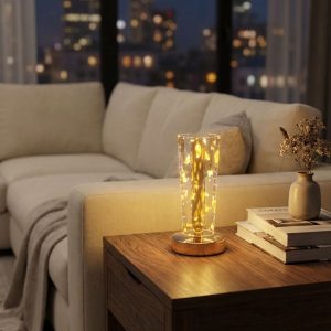 Silindirik Kristal Altın Toz Model LED Masa Lambası – Gold Tabanlı, Dokunmatik, 3 Renk Işık Modlu, Şarjlı Modern Dekoratif Gece Lambası (5296)