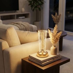 Silindirik Kristal Nokta Model LED Masa Lambası – Gold Tabanlı, Dokunmatik, 3 Renk Işık Modlu, Şarjlı Modern Dekoratif Gece Lambası (5296)