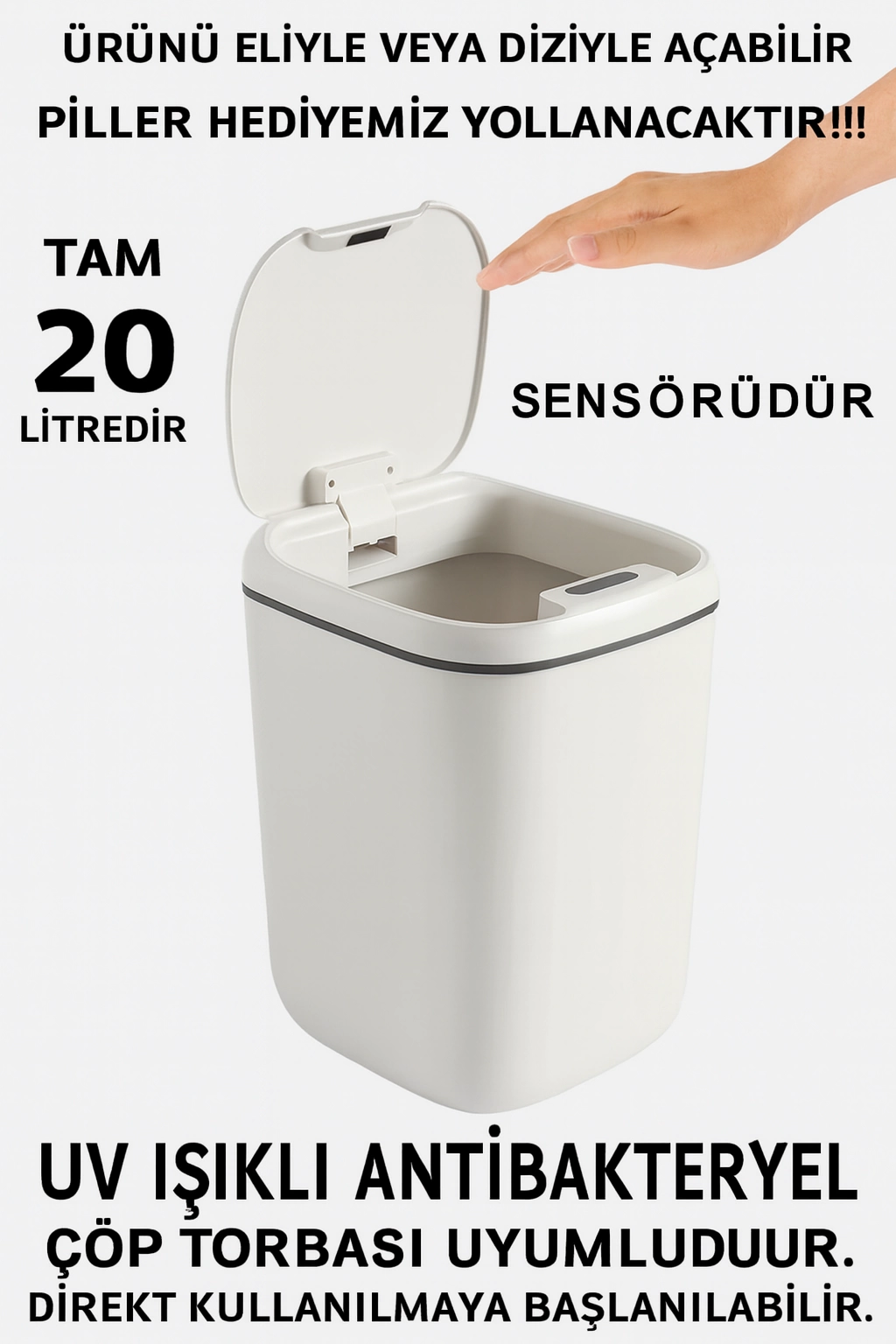 Teknolojik Çöp Kutusu Otomatik Aç Kapat Sensörlü Mutfak Banyo Ev Ofis PİLLER DAHİLDİR