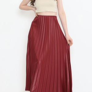 Zarif Ve Modern Pileli Parlak Krep Gizli Lastikli Bordo Etek