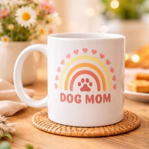 Dog Mom Baskılı Porselen Kupa MODEL 186 – Köpek Annesi Temalı Sevimli Kahve Kupası – Köpek Severlere Hediye – Sevimli Pati ve Gökkuşağı Tasarımlı Kupa