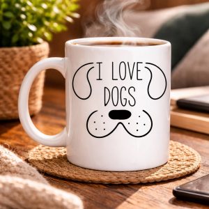 Köpek Severlere Özel “I Love Dogs” Kupa MODEL 182– Sevimli Köpek Tasarımlı Porselen Kahve Kupası – Hediyelik Kupa