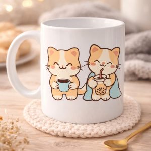 Sevimli Kedi Tasarımlı Porselen Kupa MODEL 194 – İkili Cute Cat Baskılı Kahve Kupası – Kedi Severlere Hediyelik Porselen Kupa Bardak 330 ml