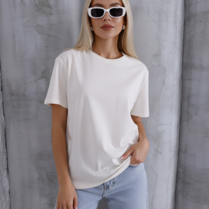 Kadın Ekru Yumuşak Dokulu Pamuklu Oversize Kalıp Bisiklet Yaka Basic T-Shirt