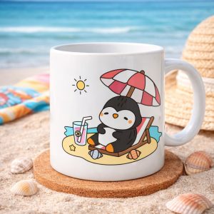 Sevimli Penguen Yaz Tatili Tasarımlı Porselen Kupa MODEL 200 – Penguen Baskılı Kahve Kupası – Yaz Temalı Eğlenceli Hediye Kupa