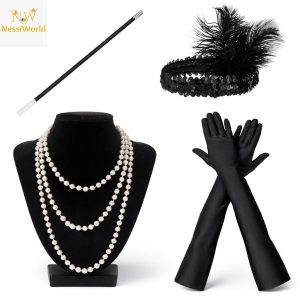 1920’ler Çarliston Aksesuar Seti – İnci Kolye, Eldiven, Sigara Tutucu, Siyah Saç Bandı