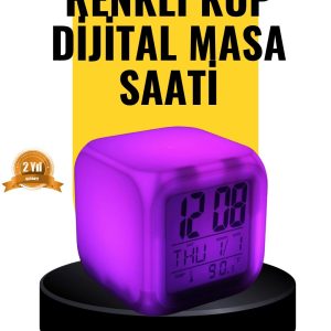 7 Renk Led Işıklı Alarmlı Dijital Küp Masa Saati Termometreli