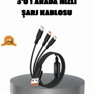 3’ü 1 Arada Şarj Kablosu Type-C iOS Android Uyumlu Hızlı ve Güvenli Şarj