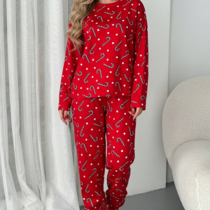 Kadın Pamuklu Yılbaşı Pijama Takım  | Kırmızı Puantiye ve Candy Cane Desenli Pijama Takımı - Kırmızı