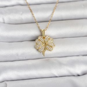 316L Çelik Gold Renk Açılabilir Yonca Model Zirkon Taşlı Kadın Kolye - TJ-BKO11048