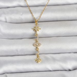316L Çelik Gold Renk Kutup Yıldızı Y Model Zirkon Taşlı Kadın Kolye - TJ-BKO11049