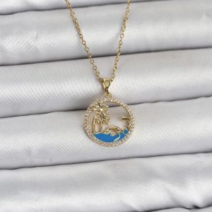 316L Çelik Zincir Gold Renk Zirkon Taşlı Deniz Temalı Kadın Kolye - TJ-BKO11032
