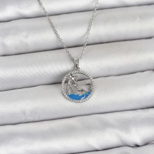 316L Çelik Zincir Gümüş Renk Zirkon Taşlı Deniz Temalı Kadın Kolye - TJ-BKO11033