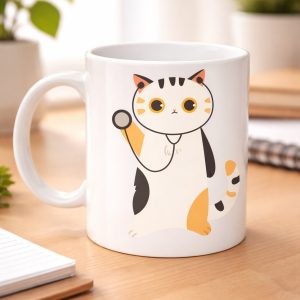 Veteriner Kedi Tasarımlı Porselen Kupa MODEL 177 – Stetoskoplu Sevimli Kedi Kahve Kupası – Veterinerlere ve Kedi Severlere Hediye