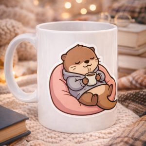 Sevimli Su Samuru Tasarımlı Porselen Kupa MODEL 191 – Kahve İçen Tatlı Su Samuru Kahve Kupası – Cozy Temalı Hediyelik Kupa Bardak