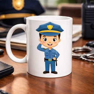Polis Temalı Porselen Kupa MODEL 161 – Sevimli Polis Karakter Baskılı Kahve Kupası – Polis Meslek Hediyesi – Dayanıklı Porselen Kahve Bardak
