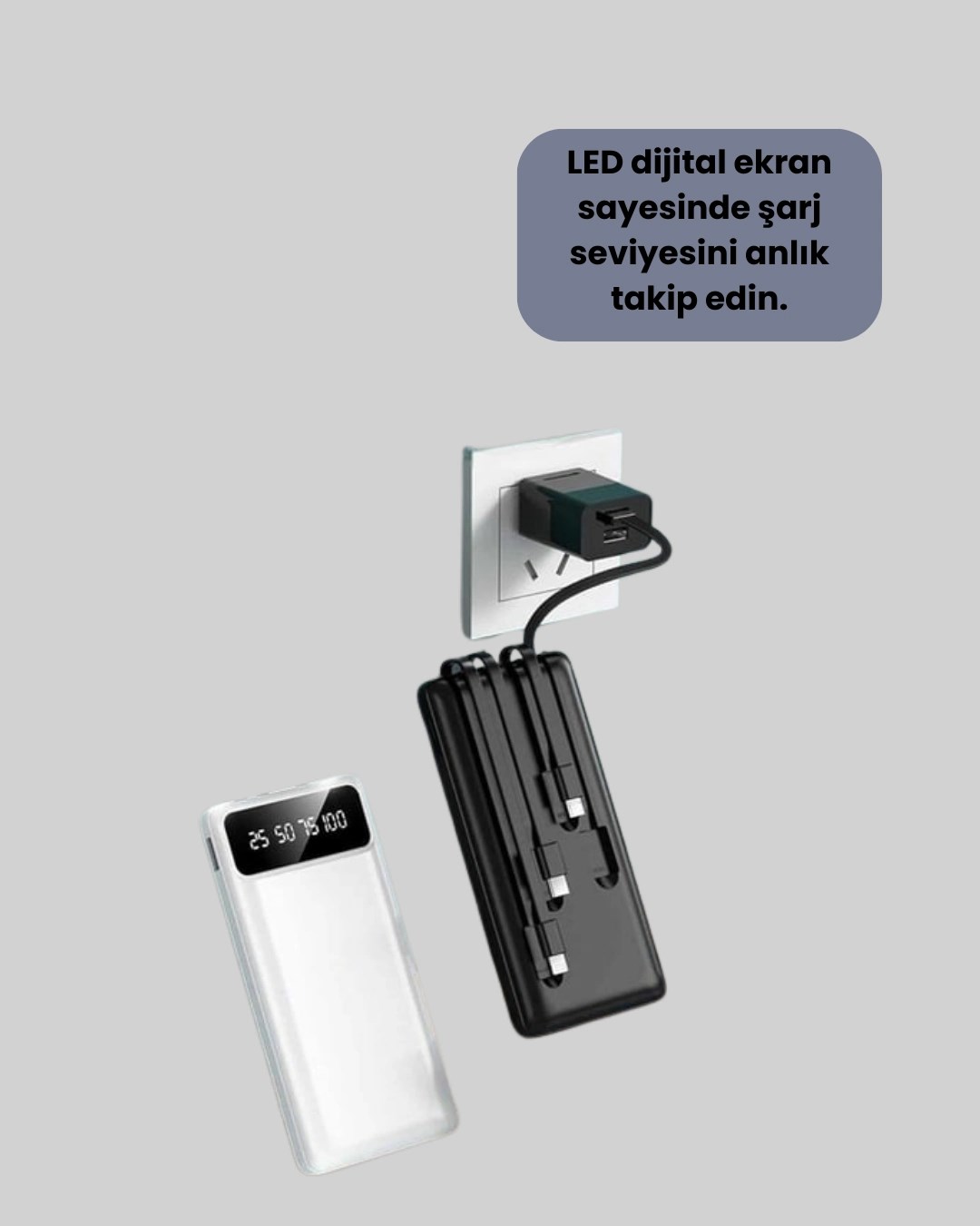 Led Işıklı 20.000mah Powerbank Lcd Gösterge Dahili Çoklu Kablo - Görsel 4