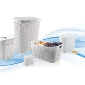 5 Parça Örgü Desenli Plastik Banyo Seti Çamaşır Sepeti Deterjanlık Çöp Kovası Klozet Fırçası - Gri