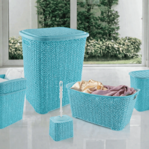 5 Parça Örgü Desenli Plastik Banyo Seti Çamaşır Sepeti Deterjanlık Çöp Kovası Klozet Fırçası - Mavi