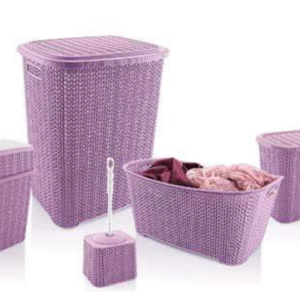 5 Parça Örgü Desenli Plastik Banyo Seti Çamaşır Sepeti Deterjanlık Çöp Kovası Klozet Fırçası - Mor