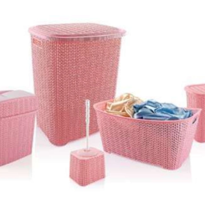 5 Parça Örgü Desenli Plastik Banyo Seti Çamaşır Sepeti Deterjanlık Klik Çöp Kovası Klozet Fırçası