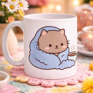 Battaniyeye Sarılmış Sevimli Kedi Tasarımlı Porselen Kupa MODEL 189 – Kahve Temalı Tatlı Kedi Kahve Kupası – Kedi Severlere Hediye Kupa