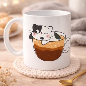 Sevimli Kedi Tasarımlı Porselen Kupa MODEL 195 – Kahve İçinde Kedi Baskılı Porselen Kahve Kupası – Kedi Severler İçin Hediyelik Porselen Kupa Bardak 3