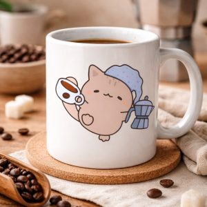 Sevimli Kahve Kedisi Tasarımlı Porselen Kupa MODEL 199 – Kahve Severlere Özel Eğlenceli Kedi Baskılı Kahve Kupası – Ofis ve Ev İçin Hediye Kupa