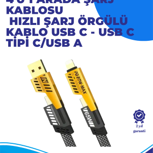 65W 4'ü 1 Arada Çoklu Şarj Kablosu – USB-C, USB-A, Lightning, Veri ve Şarj Desteği