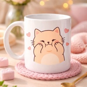 Sevimli Kedi Tasarımlı Porselen Kupa MODEL 193 – Kalpli Cute Cat Baskılı Kahve Kupası – Sevgiliye Hediye Sevimli Kupa