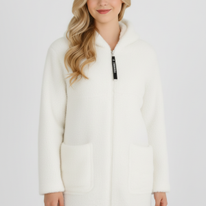 Kadın Lüks Pelüş Kapüşonlu Beyaz Mont | Uzun Boy Teddy Mont