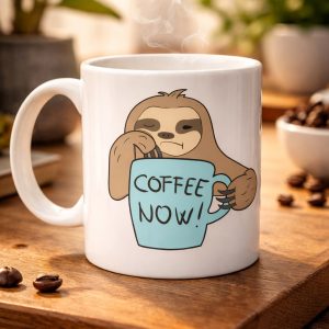 Tembel Hayvan Coffee Now Baskılı Porselen Kupa MODEL 197 – Eğlenceli Kahve Kupası – Ofis ve Ev Kullanımı İçin Sevimli Tasarım Kupa Bardak