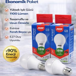 Max Energy 15W LED Ampul E27 Duy 6500K Beyaz Işık 1100 Lümen Tasarruflu Ampul 2 Adet