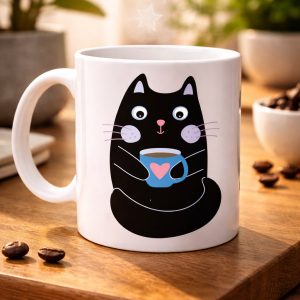 Sevimli Siyah Kedi Baskılı Porselen Kupa MODEL 198 – Kahve İçen Kedi Tasarımlı Kupa Bardak – Kahve Severlere Eğlenceli Hediye Kupa