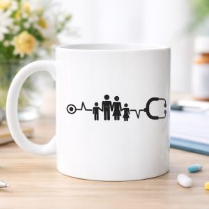 Aile ve Kalp Ritmi Tasarımlı Porselen Kupa MODEL 171 – Stetoskop Temalı Sağlık Çalışanı Kahve Kupası – Doktor ve Hemşire Hediyesi