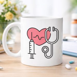 Sağlık Temalı Porselen Kupa MODEL 170 – Stetoskop Kalp ve Şırınga Tasarımlı Kahve Kupası – Doktor ve Hemşire Hediyesi