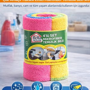 Bella House Mikrofiber Temizlik Bezi 4 Adet (4’LÜ 1 RULO)Çok Amaçlı Yüksek Emici Mikrofiber Temizlik Bezi Seti