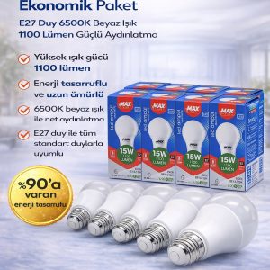 Max Energy 15W LED Ampul E27 Duy 6500K Beyaz Işık 1100 Lümen Tasarruflu Ampul 10 Adet