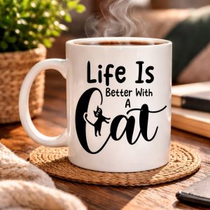 Kedi Severlere Özel “Life Is Better With A Cat” Kupa MODEL 181 – Sevimli Kedi Tasarımlı Porselen Kahve Kupası – Hediyelik Kupa