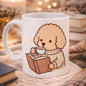 Kitap Okuyan Sevimli Köpek Tasarımlı Porselen Kupa MODEL 190 – Kahve Temalı Tatlı Köpek Kahve Kupası – Köpek Severlere Hediye Kupa