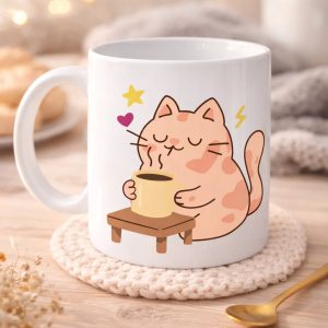 Sevimli Kedi Tasarımlı Porselen Kupa MODEL 196 – Kahve İçen Kedi Baskılı Porselen Kahve Kupası – Kedi Severlere Hediyelik Porselen Kupa Bardak 330 ml