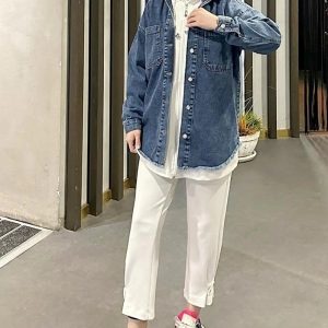 Koyu Mavi Kar Yıkama Püskül Detay Kot Ceket Oversize